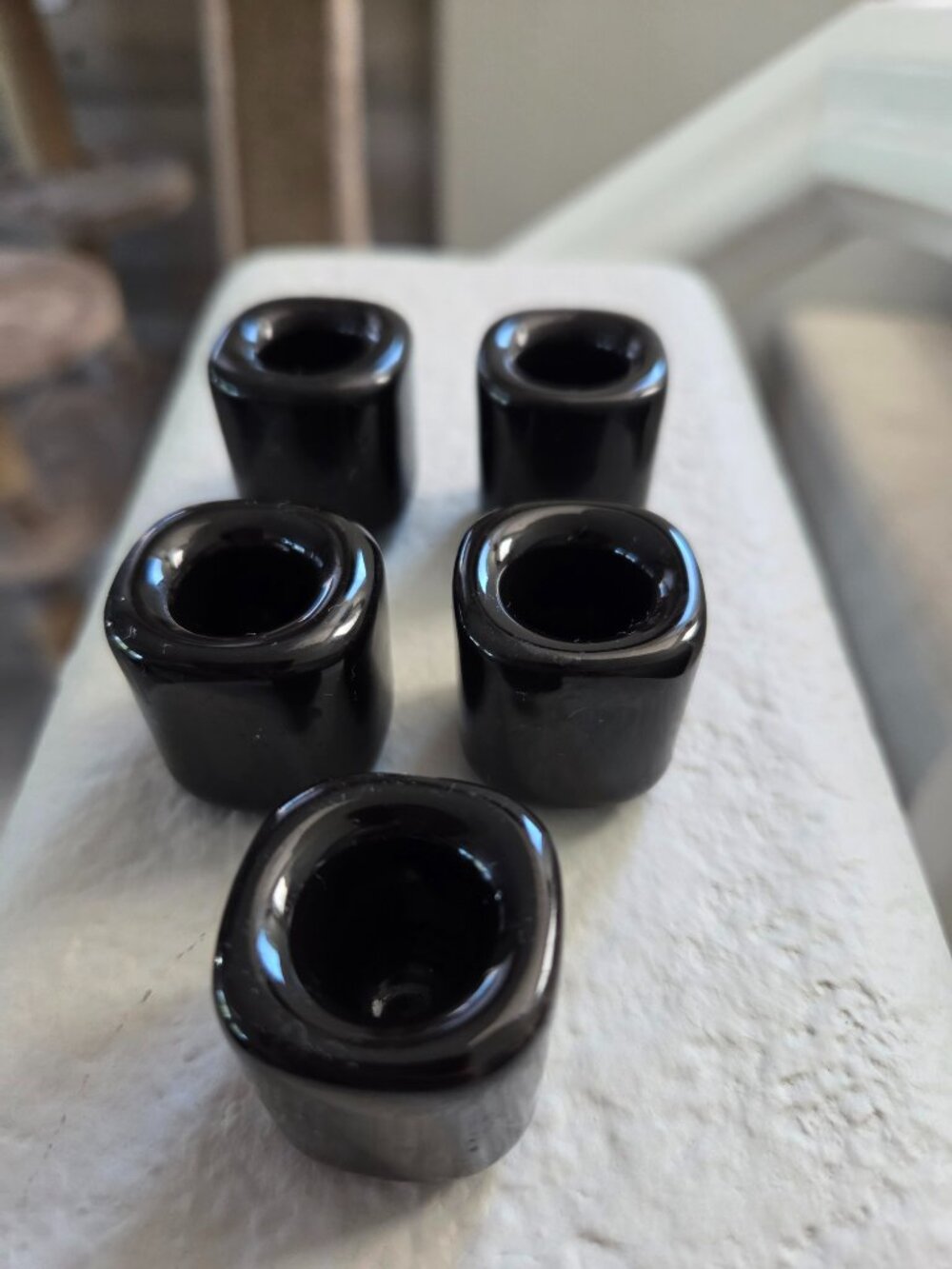 Set of 5 Black Ceramic Mini Candle Holders Polished Altar Decor